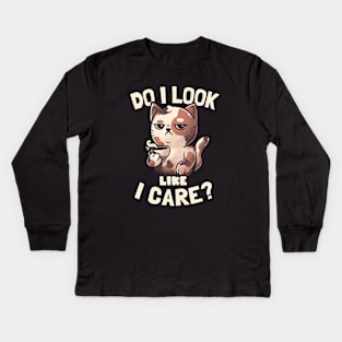 Do I Look Like I Care - Lazy Cute Coffee Cat Gift Kids Long Sleeve T-Shirt